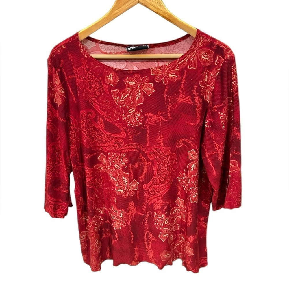 Vintage Fashion Bug Top Blouse Red 90s Y2K 3/4 Sleeves XL Fairycore Glitter